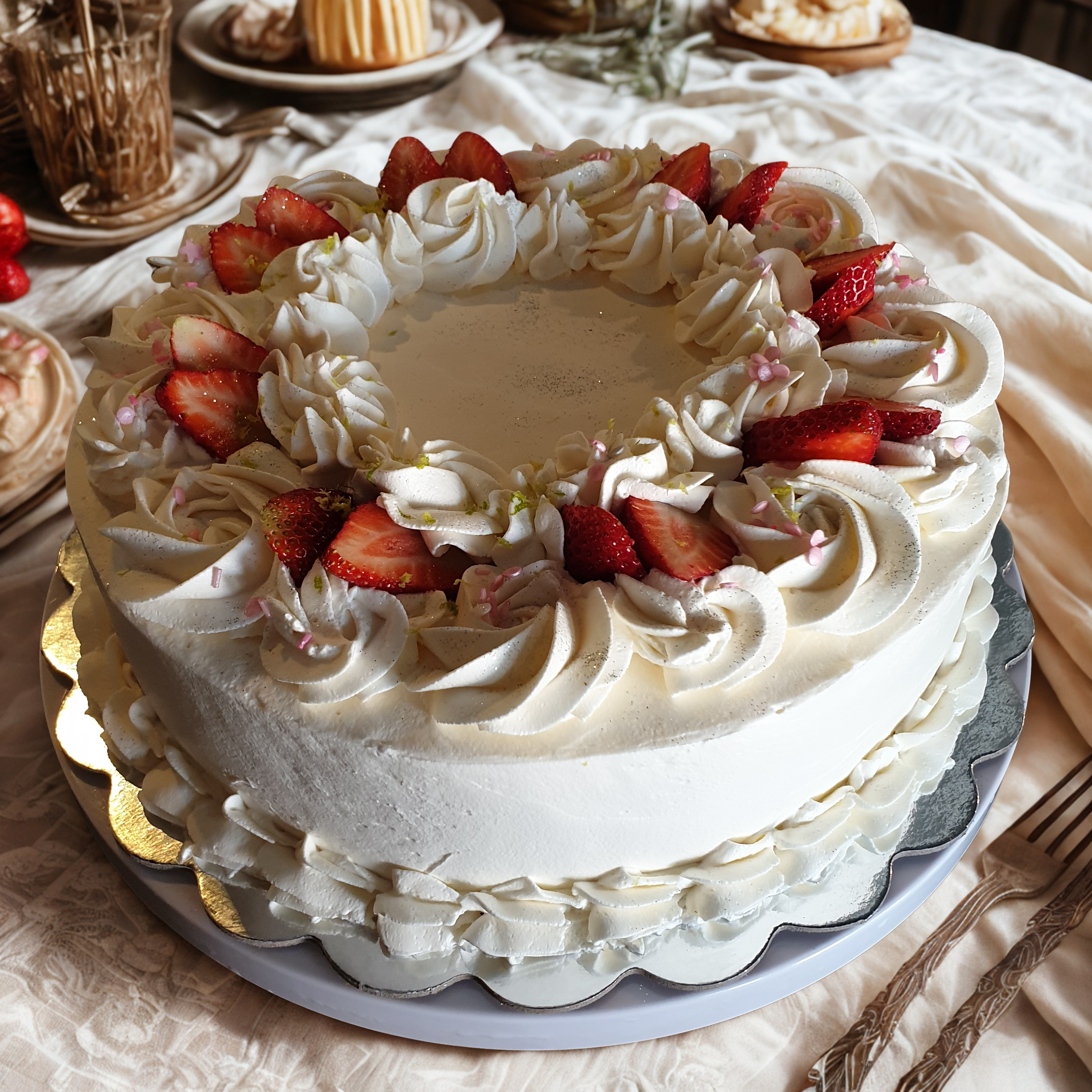 Bolo decorado com morangos e creme
